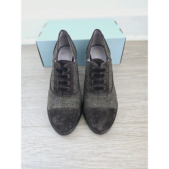 Johnston and Murphy Gail Piped Oxford Herringbone Brown Green Pinup 40s Heels 8 - Picture 4 of 10